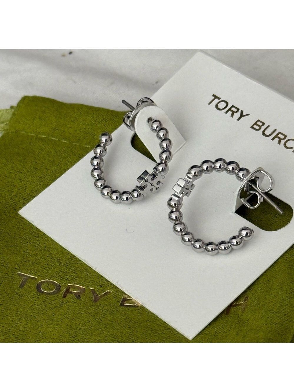 Tory Burch Silver Beaded Hoop Earrings